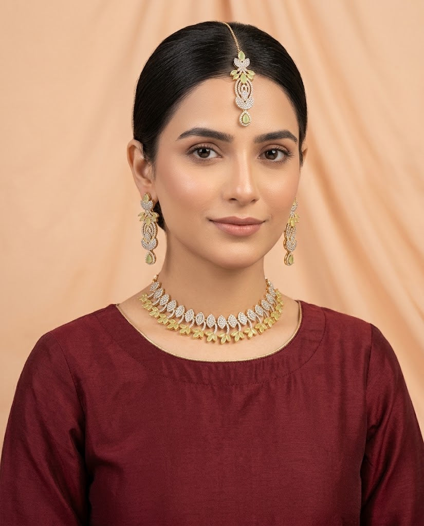 Savay Pista Green Zircon Necklace Set with Earrings & Maang Tikka