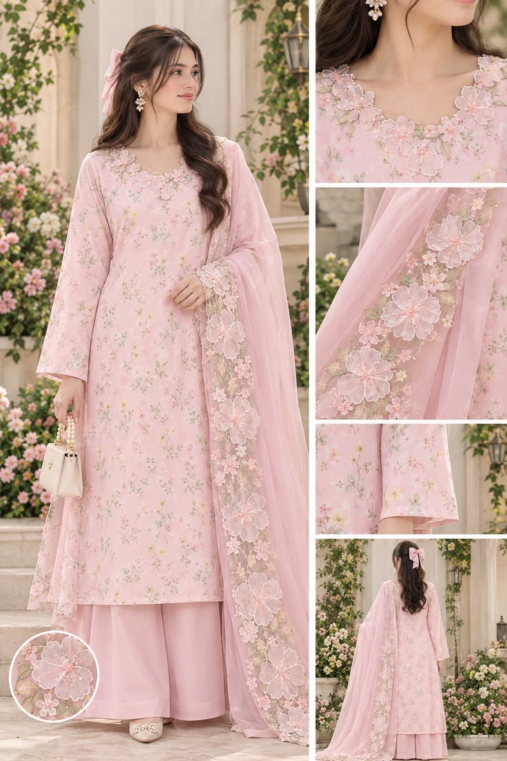 Baby Pink Floral Embroidered Lawn Suit | Elegant 3D Flower Cutwork Dupatta Design