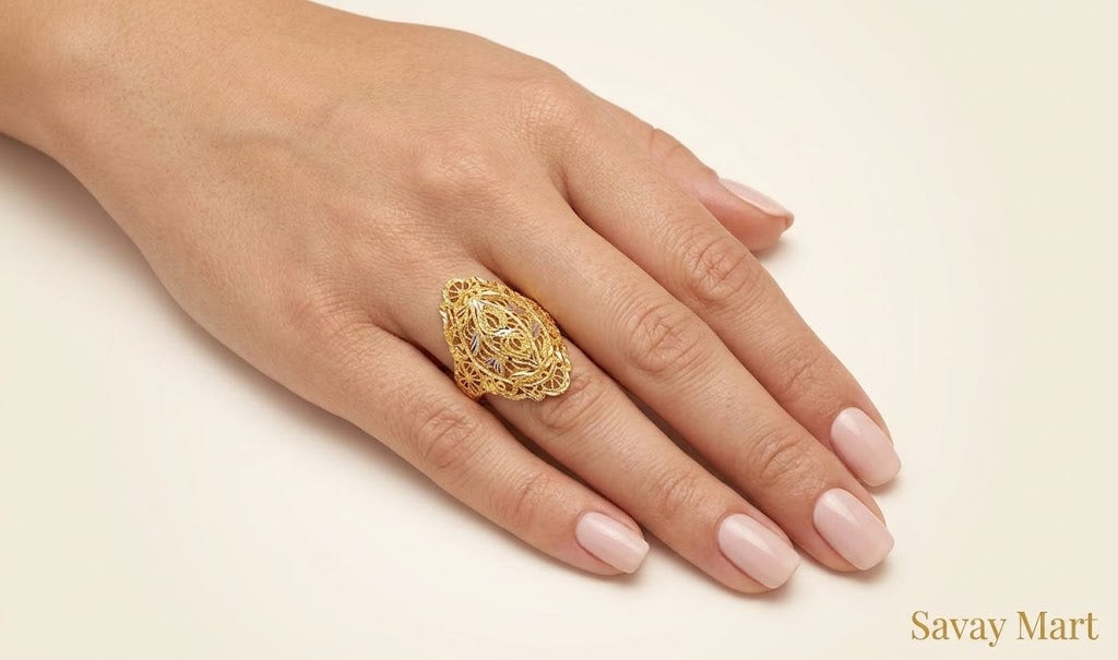 Premium Gold Floral Filigree Ring with Rhodium Accents