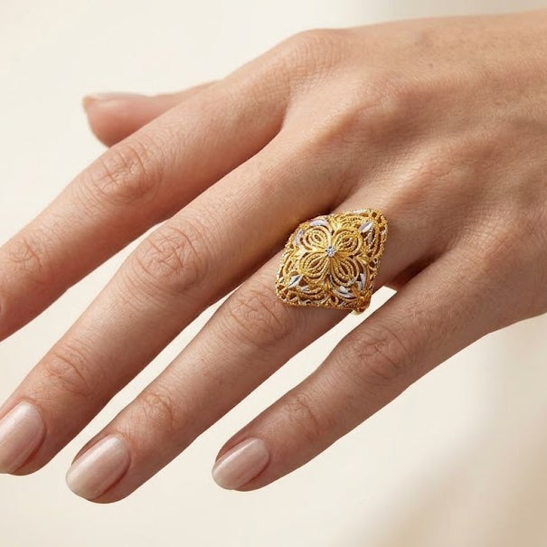 Premium Gold Floral Filigree Ring with Rhodium Accents