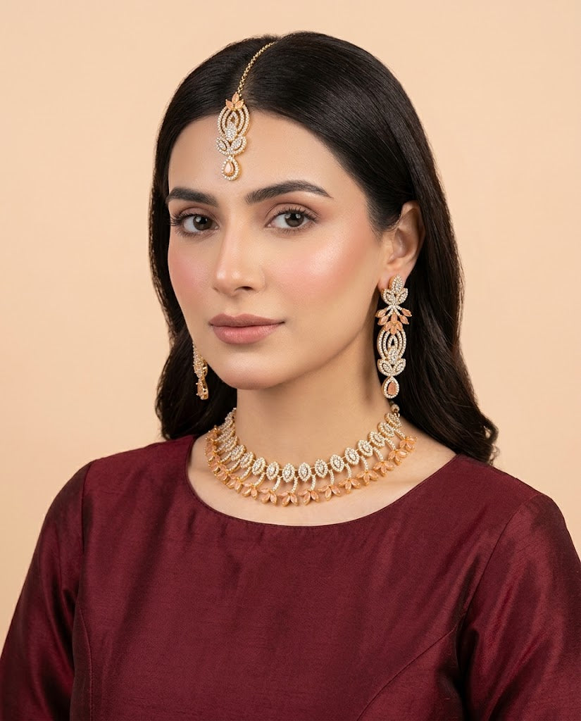 Savay Peach Zircon Necklace Set with Earrings & Maang Tikka