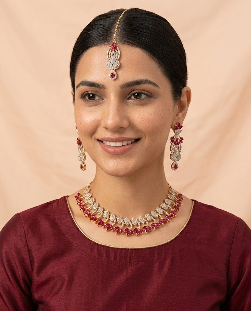 Savay Red Zircon Necklace Set with Earrings & Maang Tikka