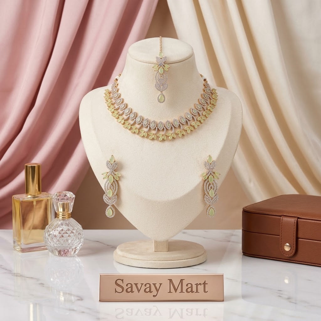 Savay Pista Green Zircon Necklace Set with Earrings & Maang Tikka
