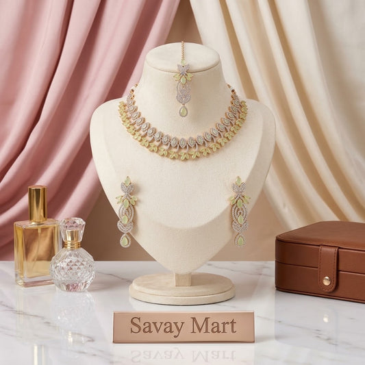 Savay Pista Green Zircon Necklace Set with Earrings & Maang Tikka