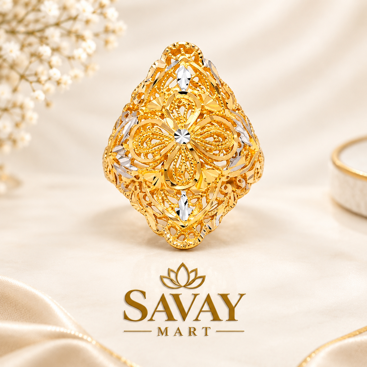 Premium Gold Floral Filigree Ring with Rhodium Accents
