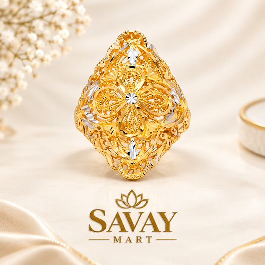 Premium Gold Floral Filigree Ring with Rhodium Accents