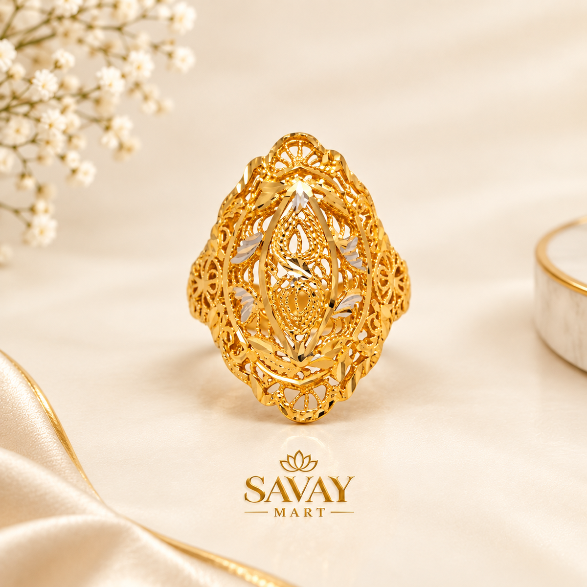 Premium Gold Floral Filigree Ring with Rhodium Accents