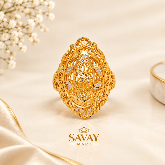 Premium Gold Floral Filigree Ring with Rhodium Accents