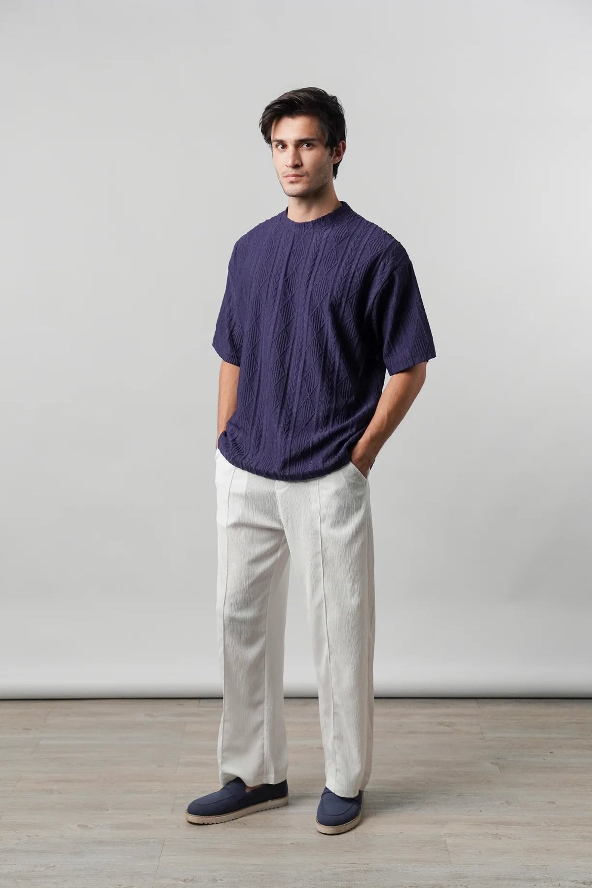 Textured Oversized T-Shirt - Navy Blue