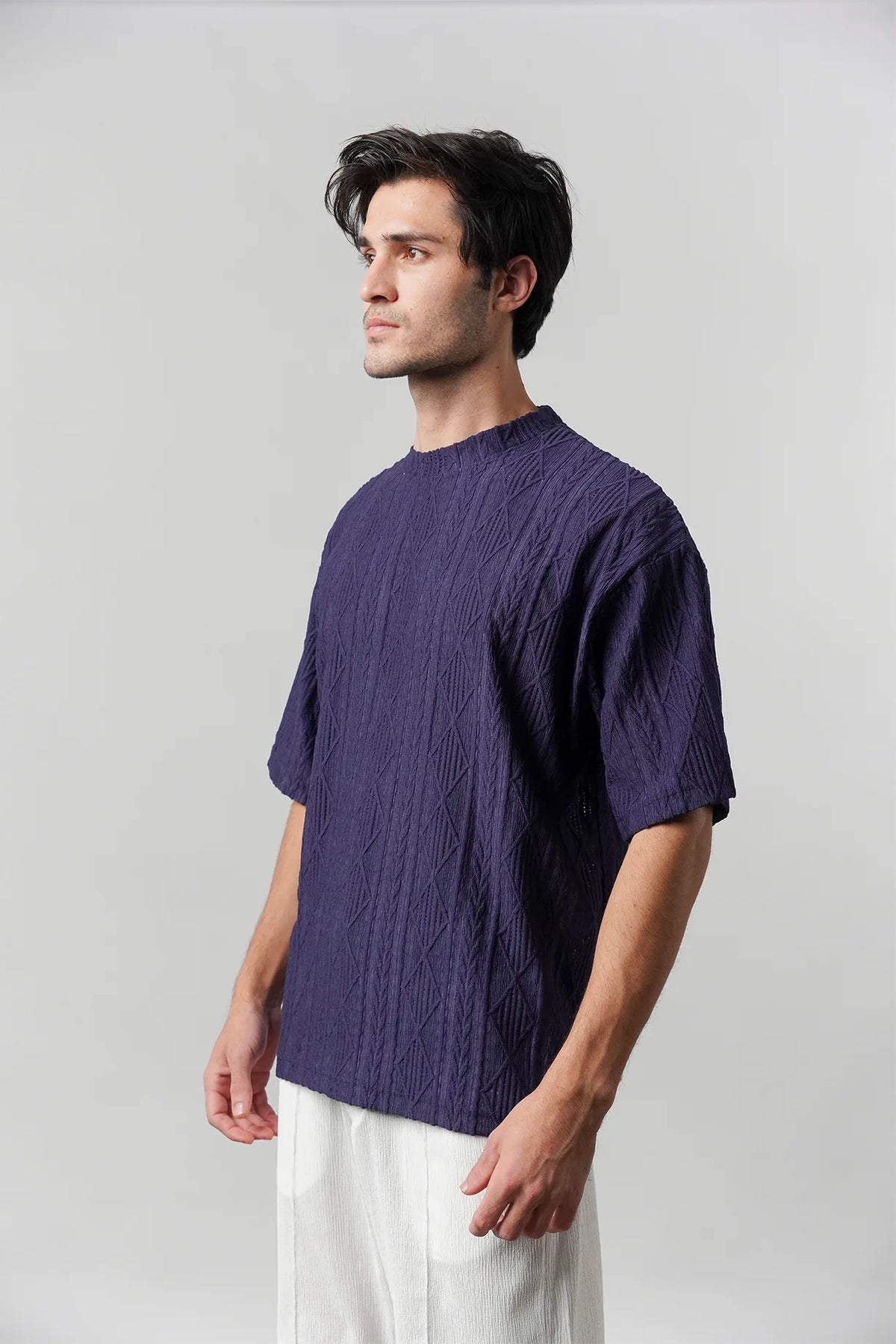 Textured Oversized T-Shirt - Navy Blue