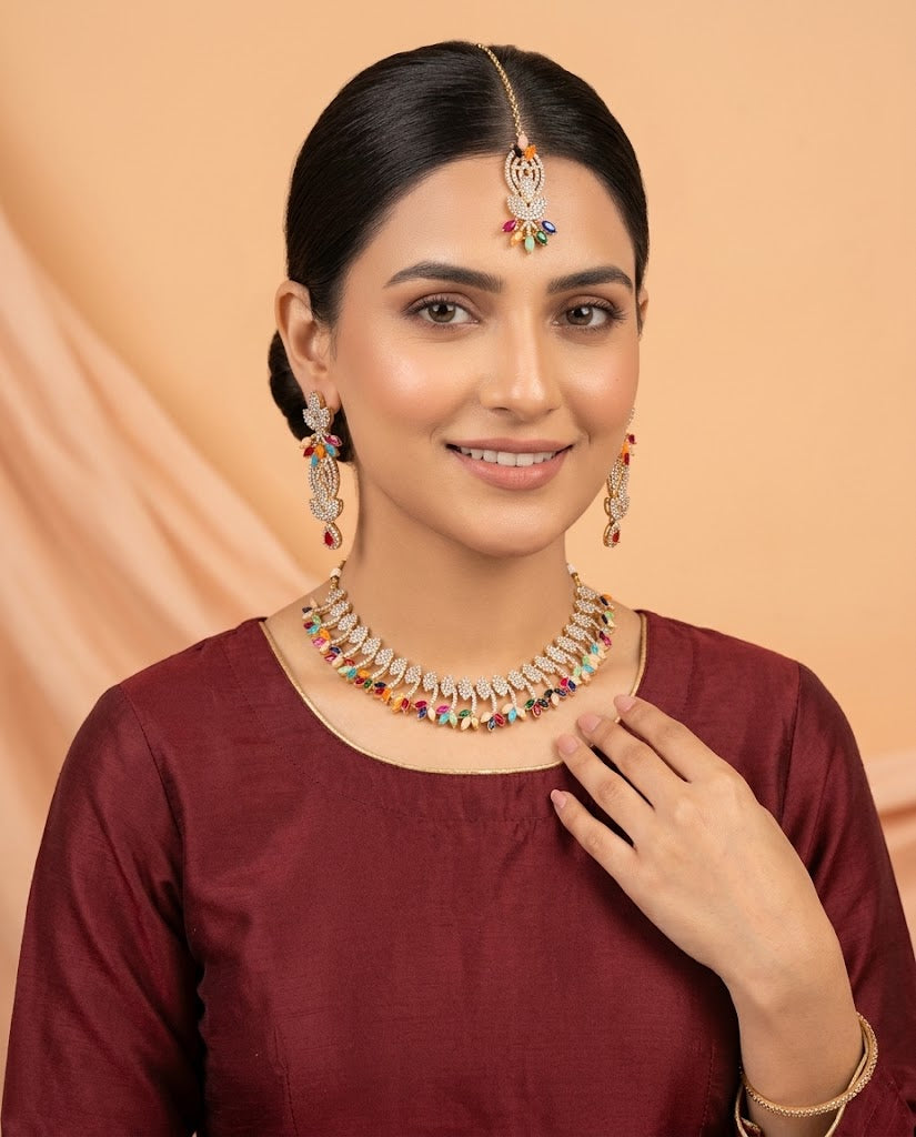 Savay Multicolor Zircon Necklace Set with Earrings & Maang Tikka