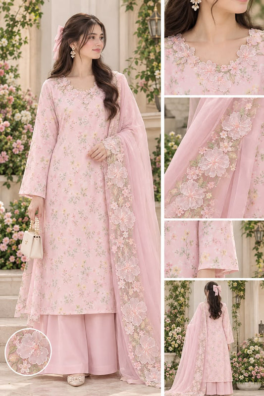 Baby Pink Floral Embroidered Lawn Suit | Elegant 3D Flower Cutwork Dupatta Design