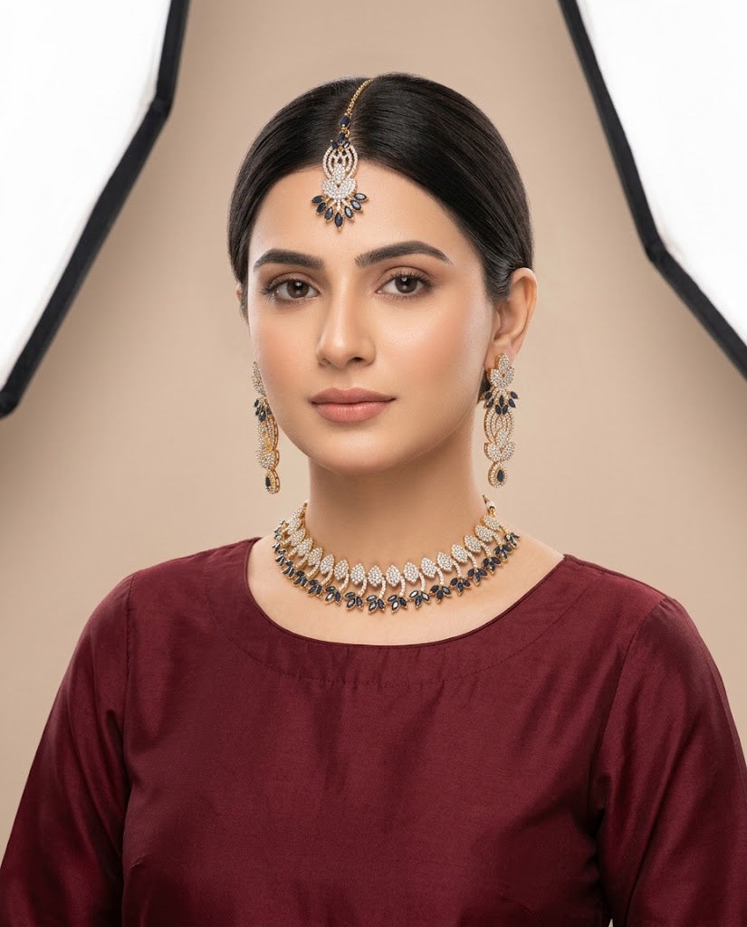 Savay Mart Sapphire Blue Zircon Necklace Set with Earrings & Maang Tikka
