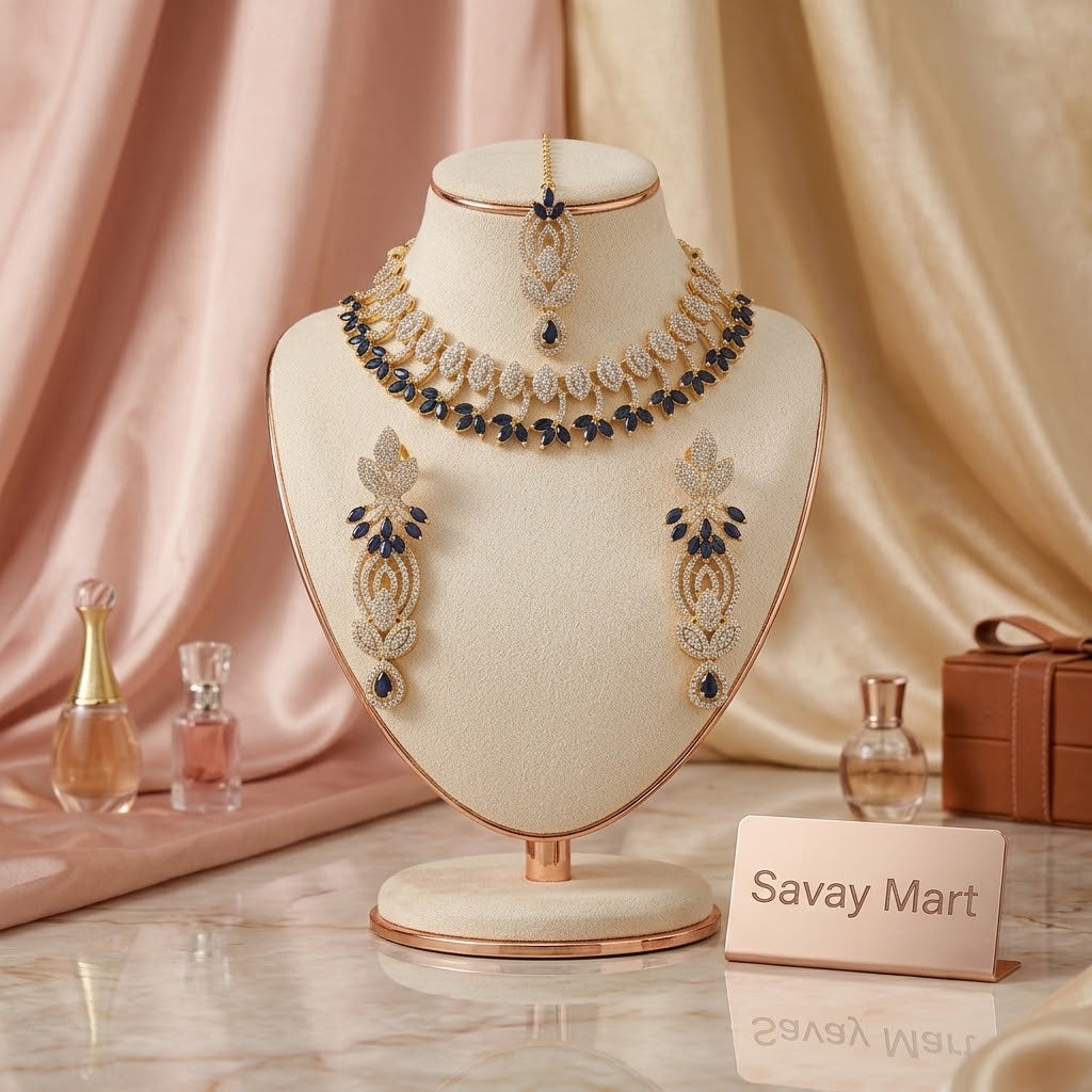 Savay Mart Sapphire Blue Zircon Necklace Set with Earrings & Maang Tikka