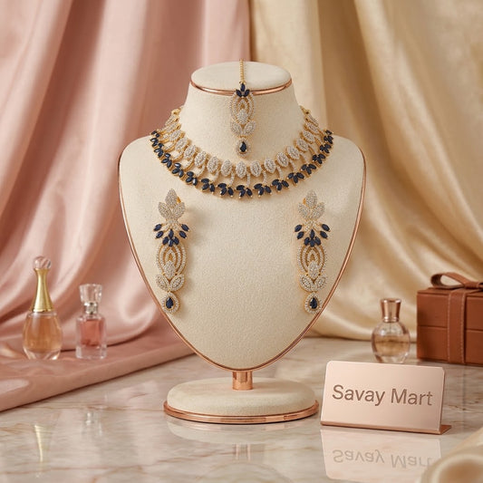 Savay Mart Sapphire Blue Zircon Necklace Set with Earrings & Maang Tikka