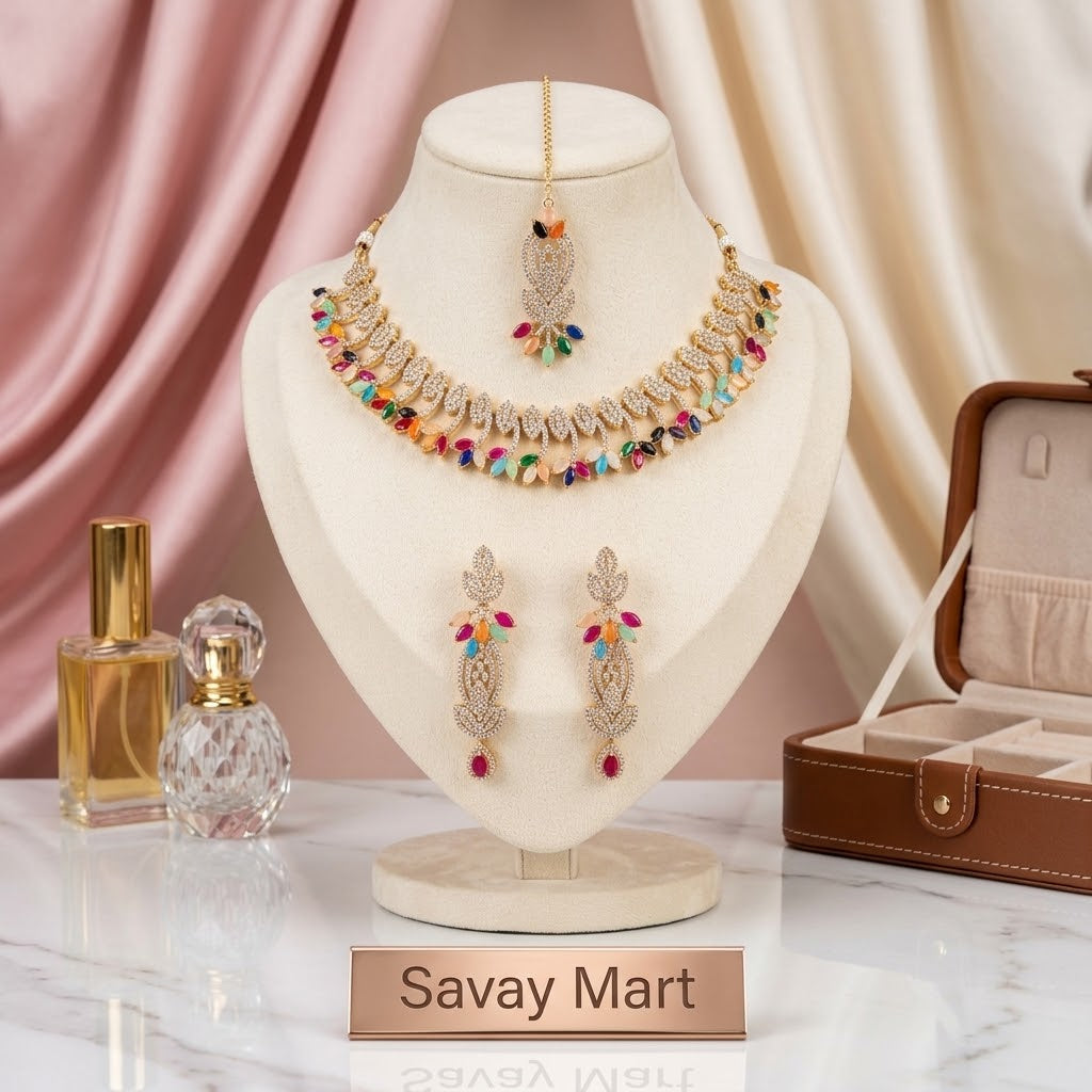 Savay Multicolor Zircon Necklace Set with Earrings & Maang Tikka
