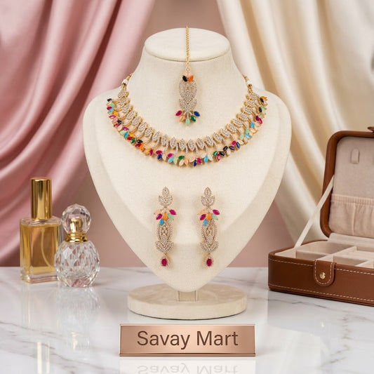 Savay Multicolor Zircon Necklace Set with Earrings & Maang Tikka