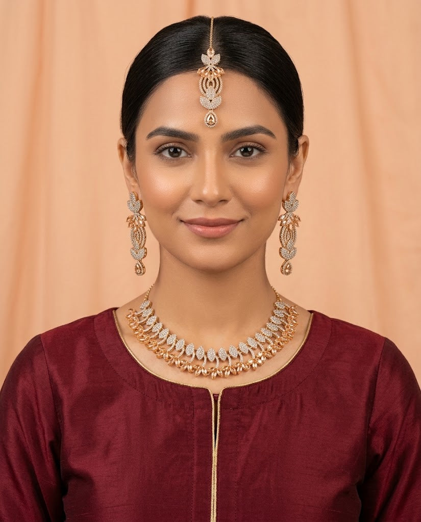 Savay Champagne Gold Zircon Necklace Set with Earrings & Maang Tikka