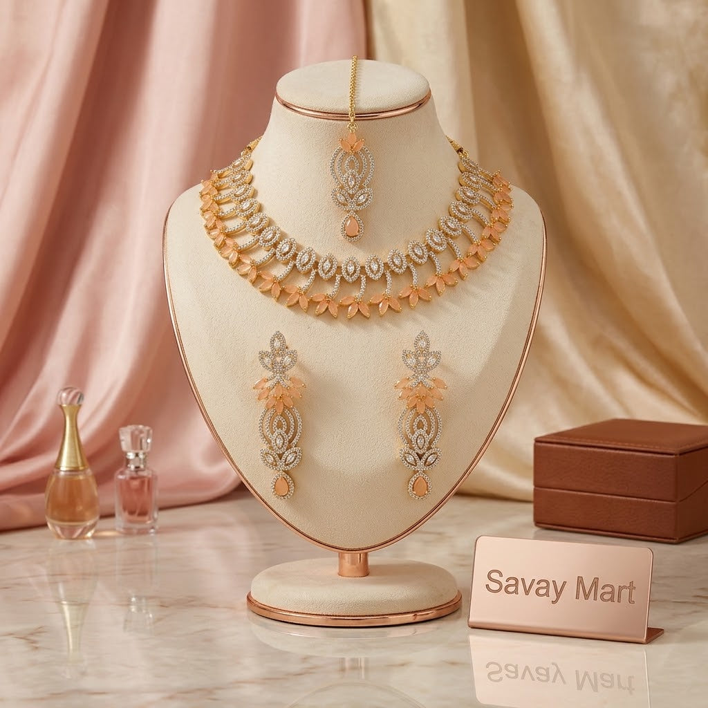 Savay Champagne Gold Zircon Necklace Set with Earrings & Maang Tikka