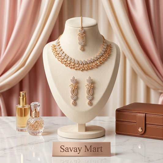 Savay Peach Zircon Necklace Set with Earrings & Maang Tikka