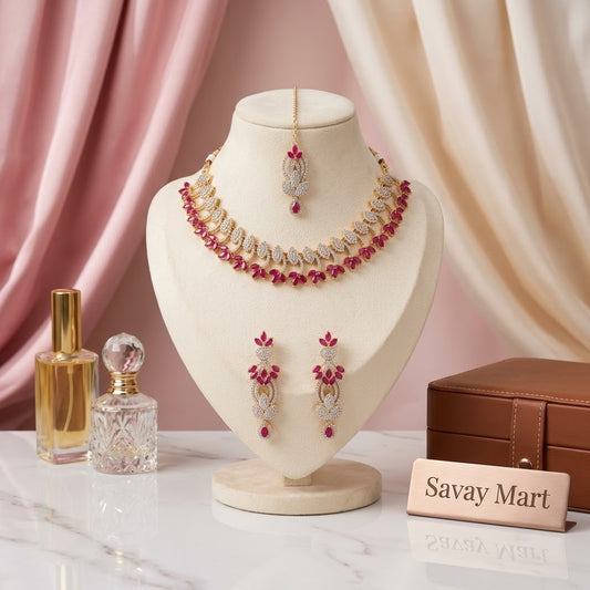 Savay Red Zircon Necklace Set with Earrings & Maang Tikka