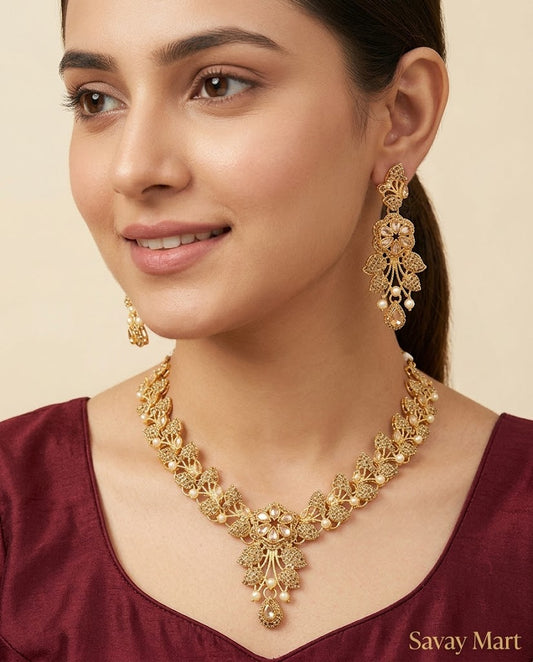 Savay Mart - Royal Kundan & Pearl Gold Leaf Necklace Set with Matching Earrings