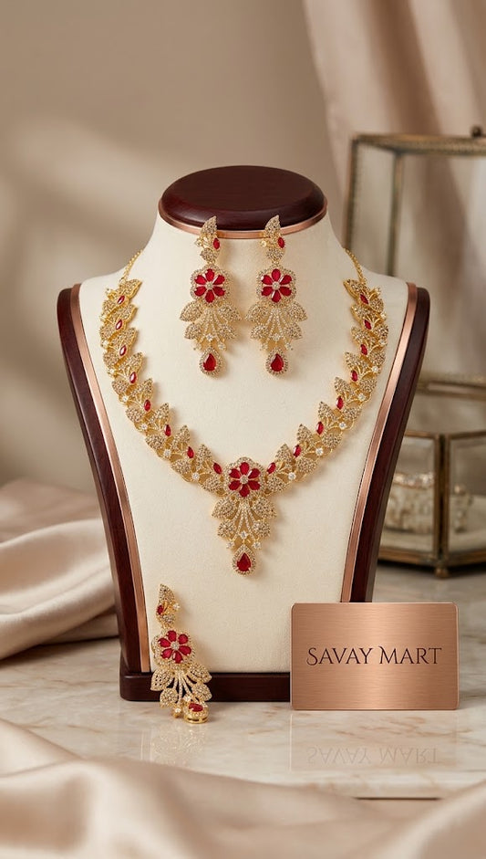 Savay Mart - Royal Kundan & Pearl Gold Leaf Necklace Set with Matching Earrings