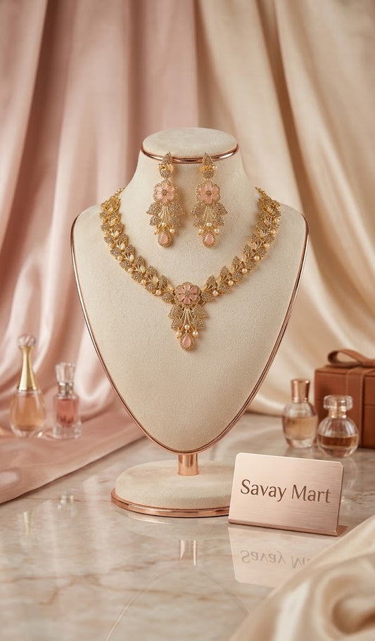 Savay Mart - Royal Kundan & Pearl Gold Leaf Necklace Set with Matching Earrings